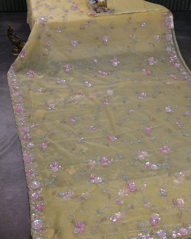 Light Yellow Organza Embroidery Saree