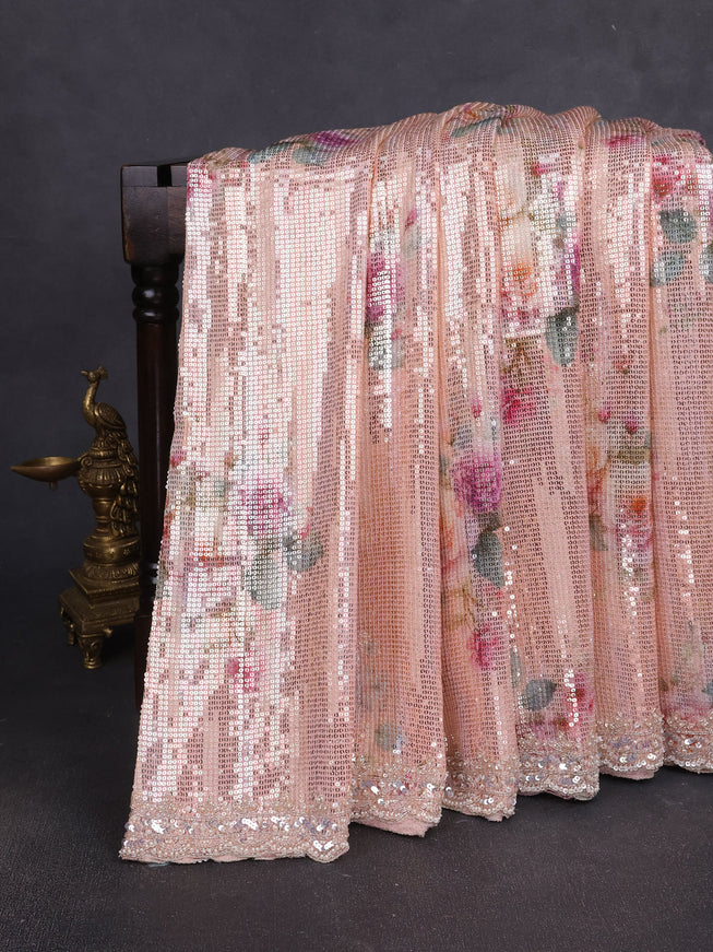 Peach Georgette Sequin Embroidery Saree