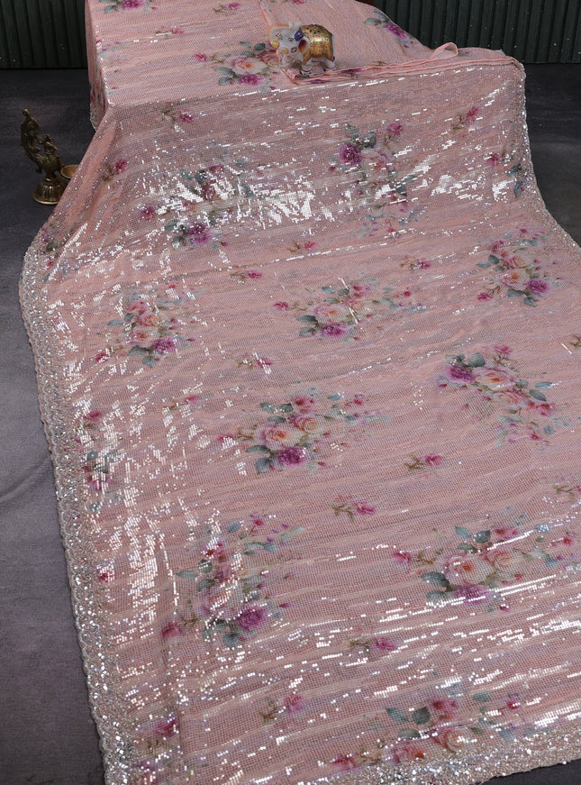 Peach Georgette Sequin Embroidery Saree