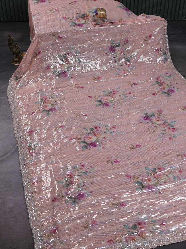 Peach Georgette Sequin Embroidery Saree