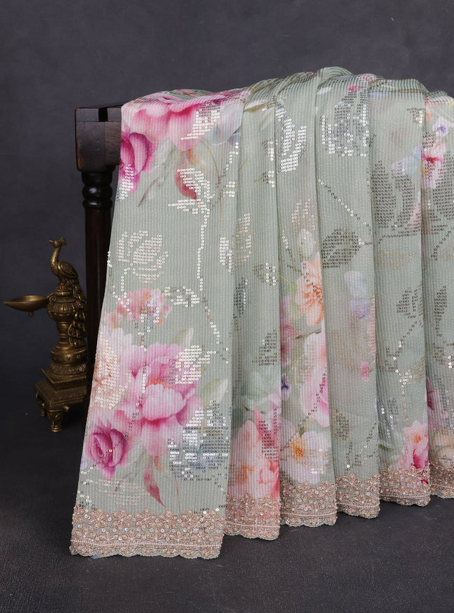 Pastel Green Georgette Sequin Embroidery Saree