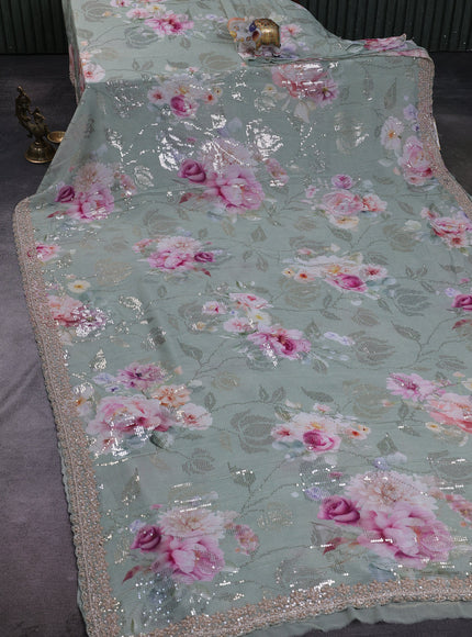 Pastel Green Georgette Sequin Embroidery Saree