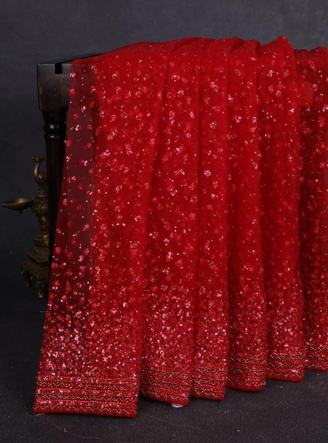 Red Netted Sequin Work Saree With Readymade Blouse