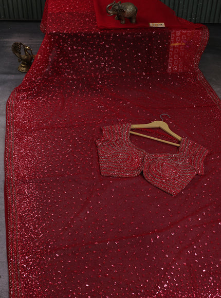 Red Netted Sequin Work Saree With Readymade Blouse