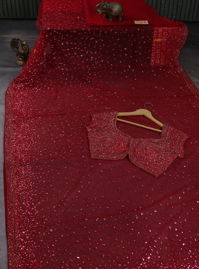 Red Netted Sequin Work Saree With Readymade Blouse