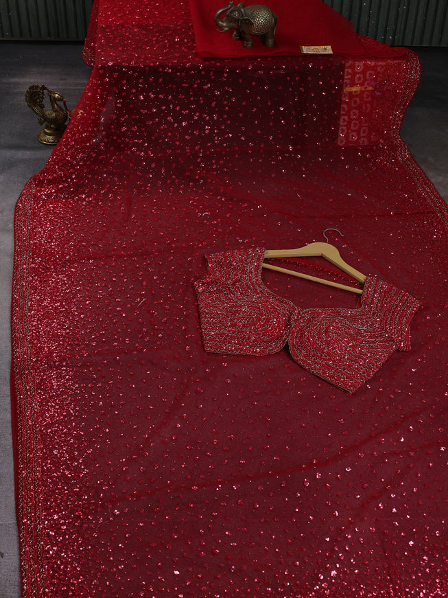 Red Netted Sequin Work Saree With Readymade Blouse