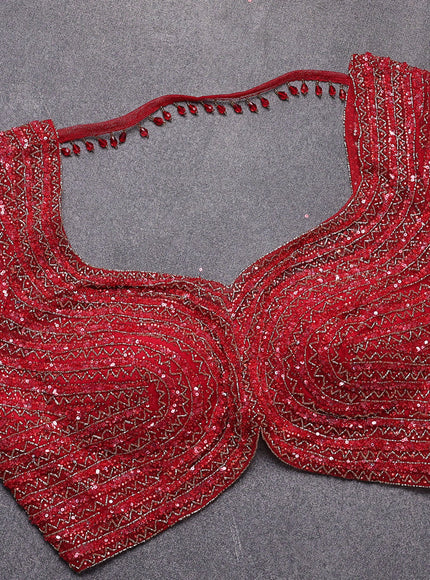 Red Netted Sequin Work Saree With Readymade Blouse