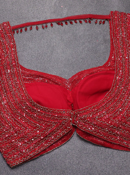 Red Netted Sequin Work Saree With Readymade Blouse