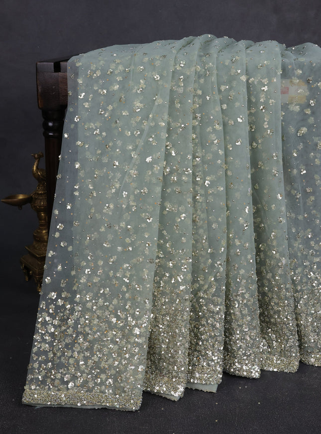 Pastel Green Netted Sequin Work Saree With Readymade Blouse