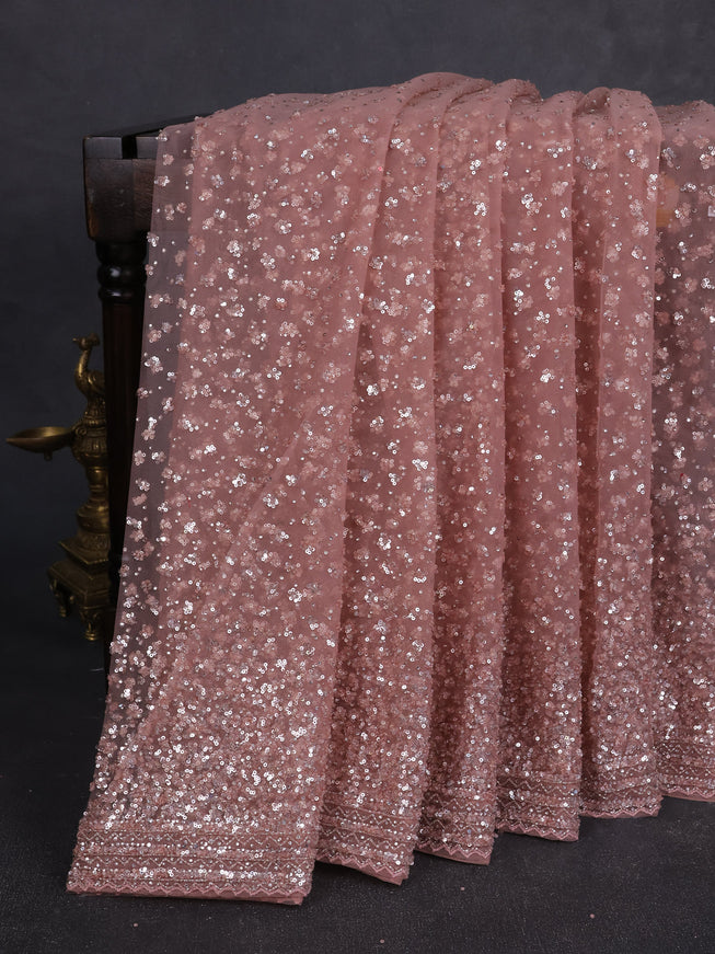 Pastel Blue Netted Sequin Work Saree With Readymade Blouse