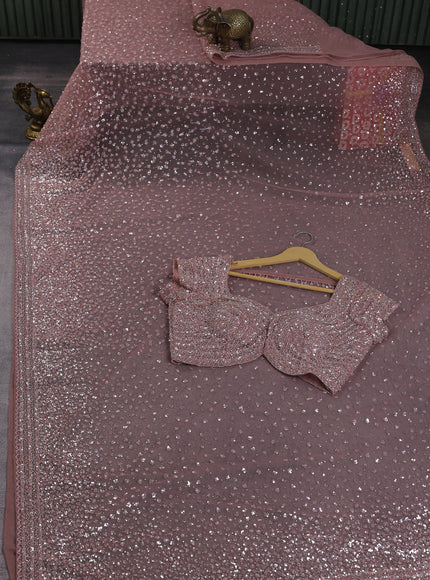 Pastel Blue Netted Sequin Work Saree With Readymade Blouse