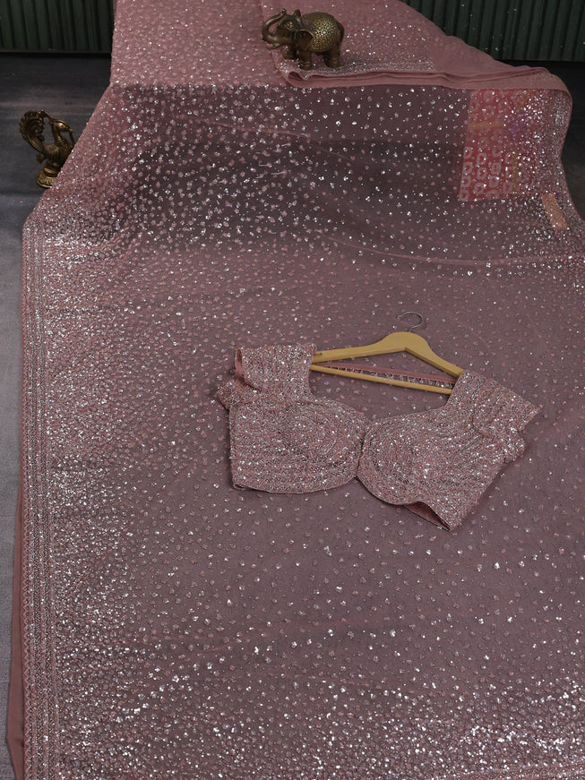 Pastel Blue Netted Sequin Work Saree With Readymade Blouse