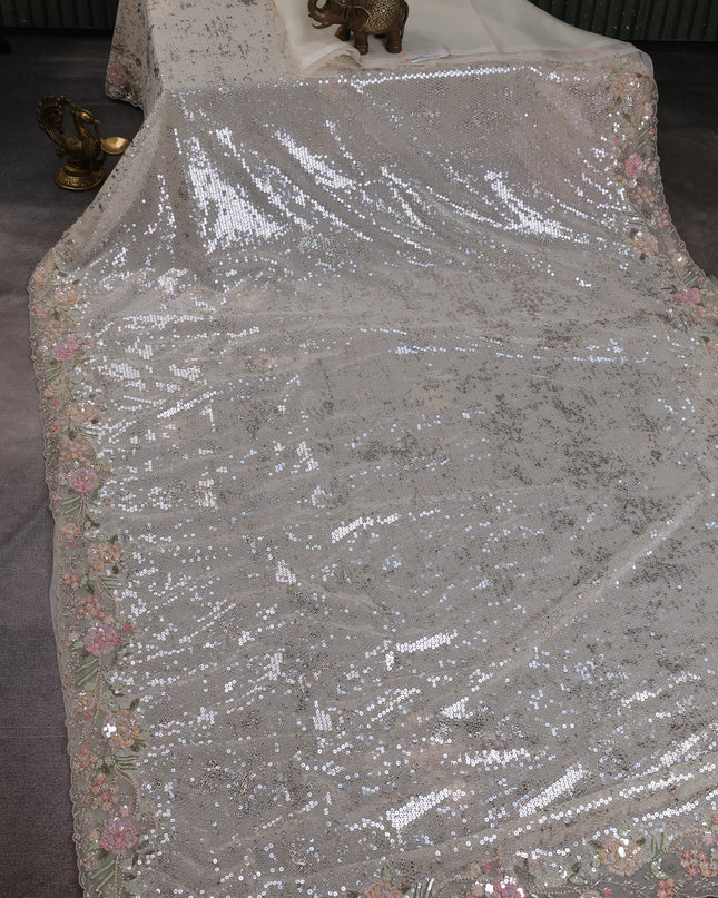 Off White Netted Sequin Embroidery Saree