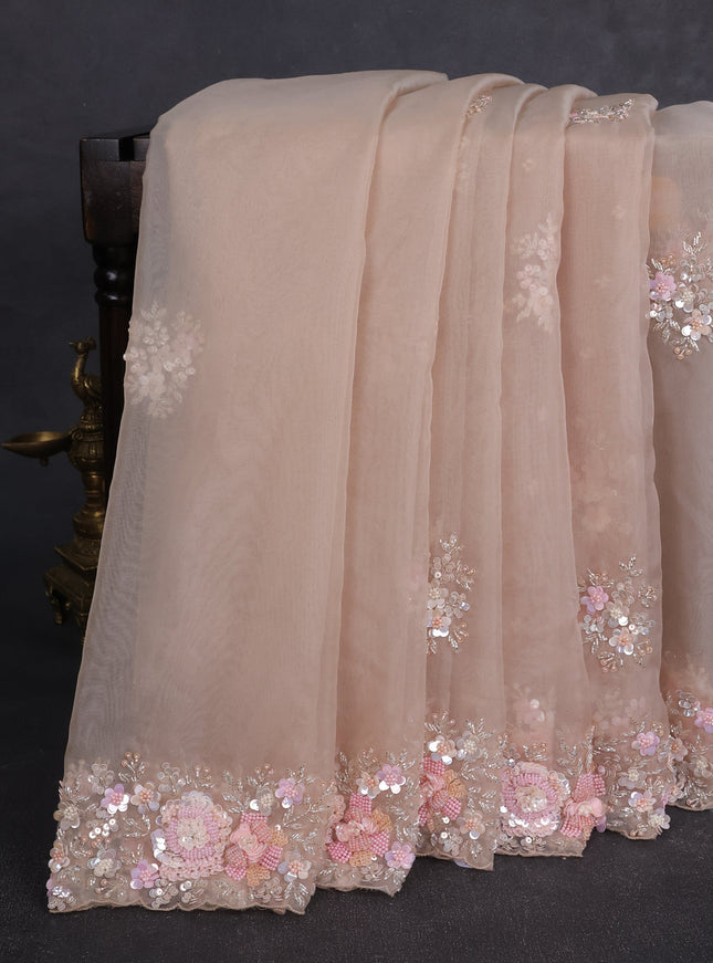 Beige Organza Embroidery Saree