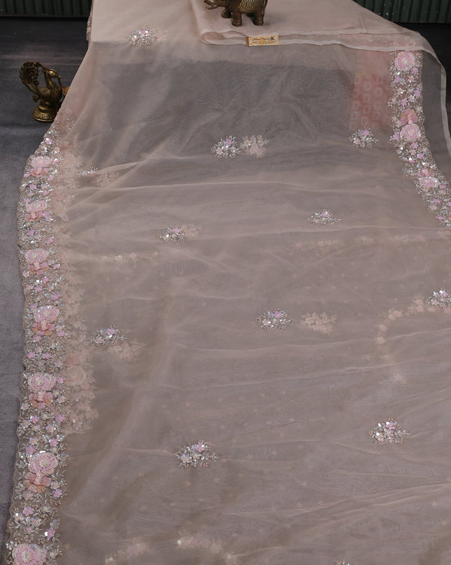 Beige Organza Embroidery Saree