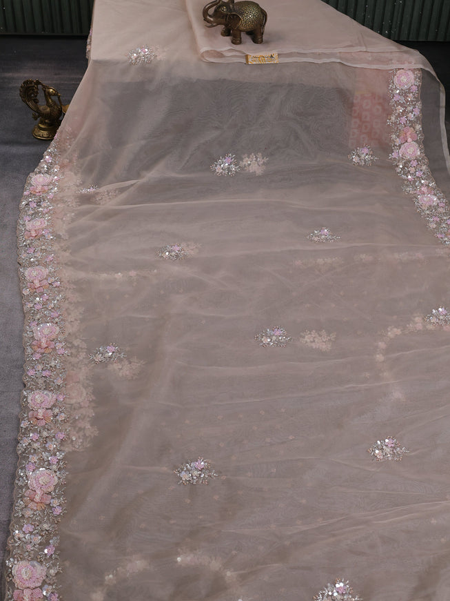 Beige Organza Embroidery Saree