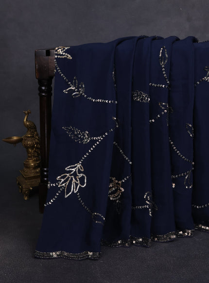Dark Peacock Blue Crepe Embroidery Saree