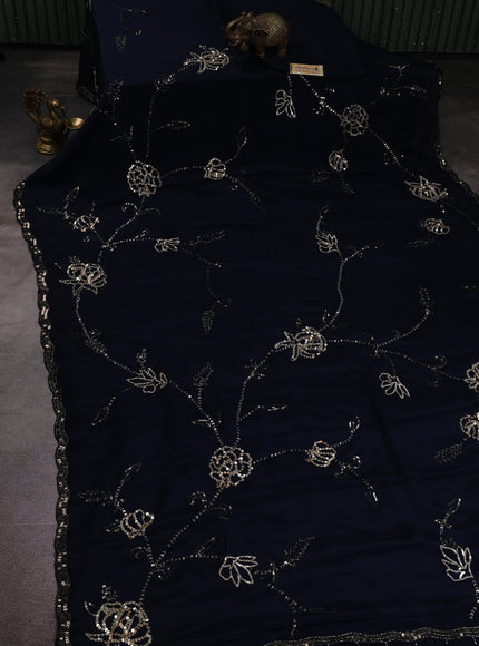 Dark Peacock Blue Crepe Embroidery Saree