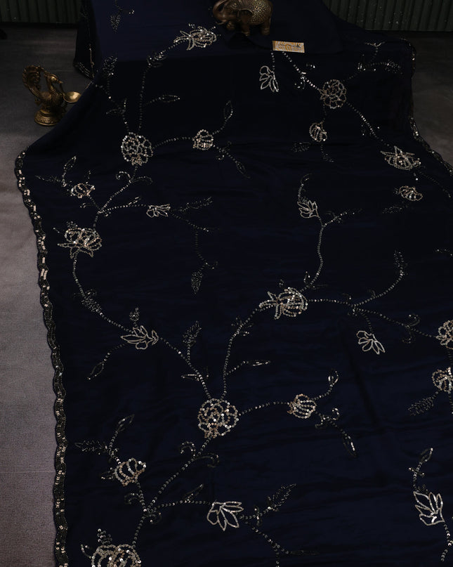 Dark Peacock Blue Crepe Embroidery Saree