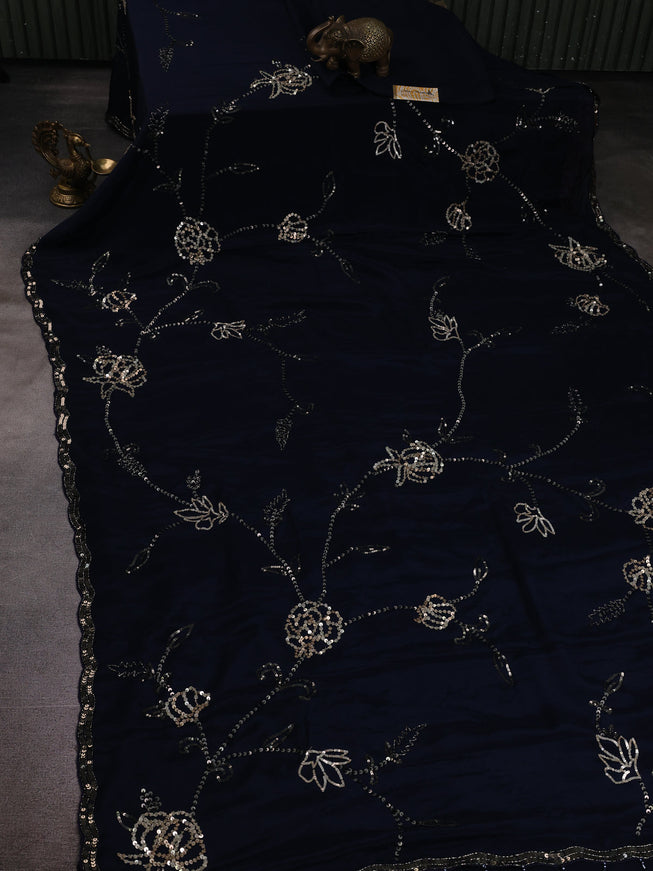 Dark Peacock Blue Crepe Embroidery Saree