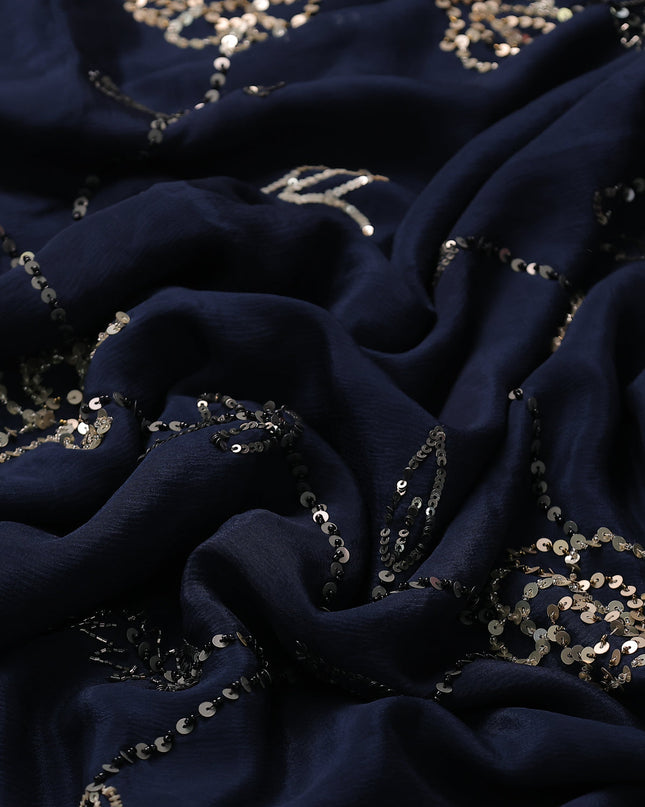 Dark Peacock Blue Crepe Embroidery Saree