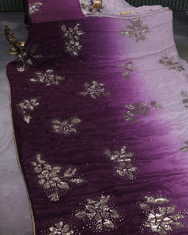 Lavender - Wine Crepe Embroidery Saree