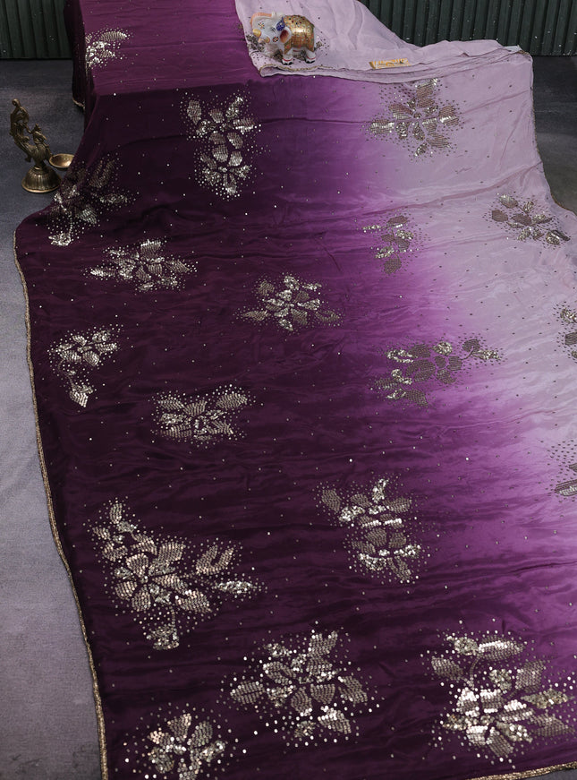 Lavender - Wine Crepe Embroidery Saree