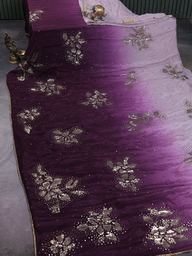 Lavender - Wine Crepe Embroidery Saree