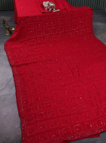 Red Crepe Embroidery Saree