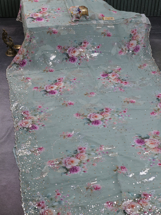 Pastel Green Georgette Sequin Embroidery