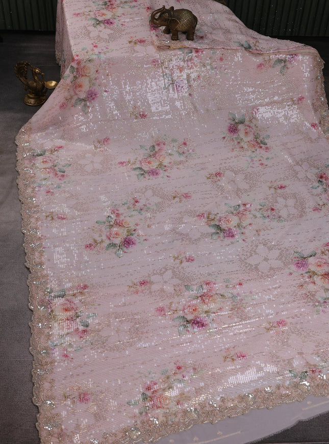 Mild Peach Georgette Sequin Embroidery Saree