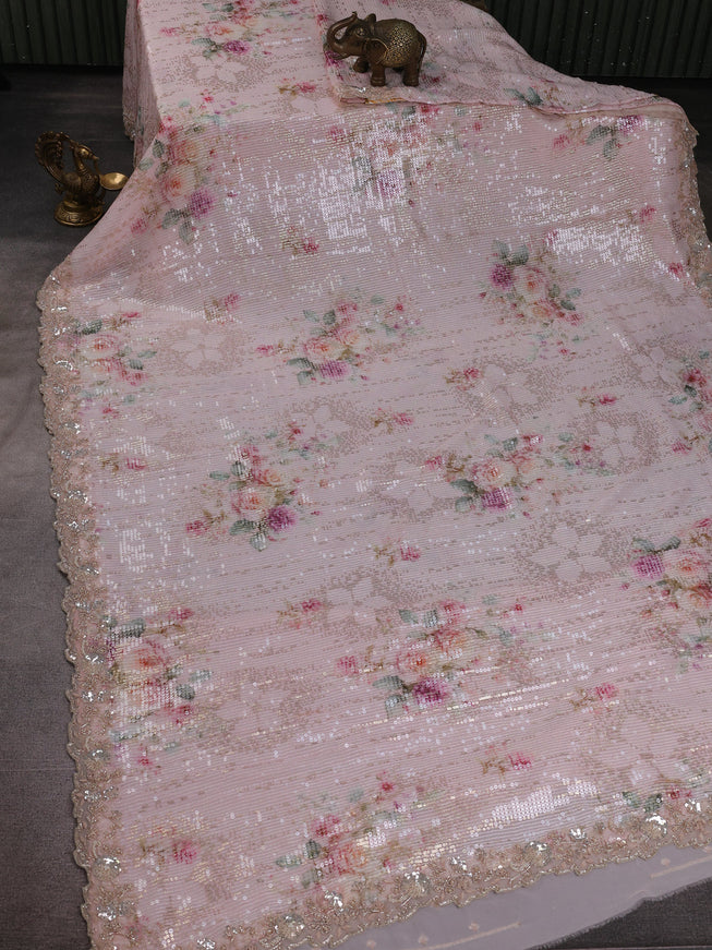 Mild Peach Georgette Sequin Embroidery Saree