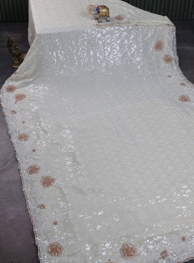 Off White Georgette Sequin Embroidery Saree