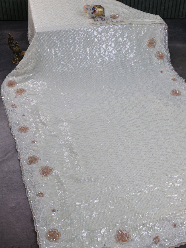 Off White Georgette Sequin Embroidery Saree