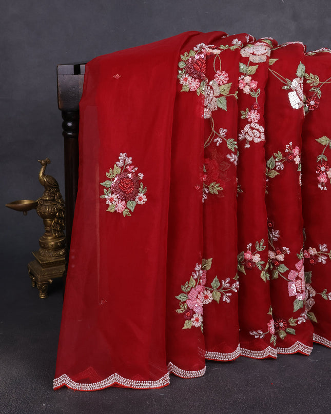 Maroon Organza Embroidery Saree