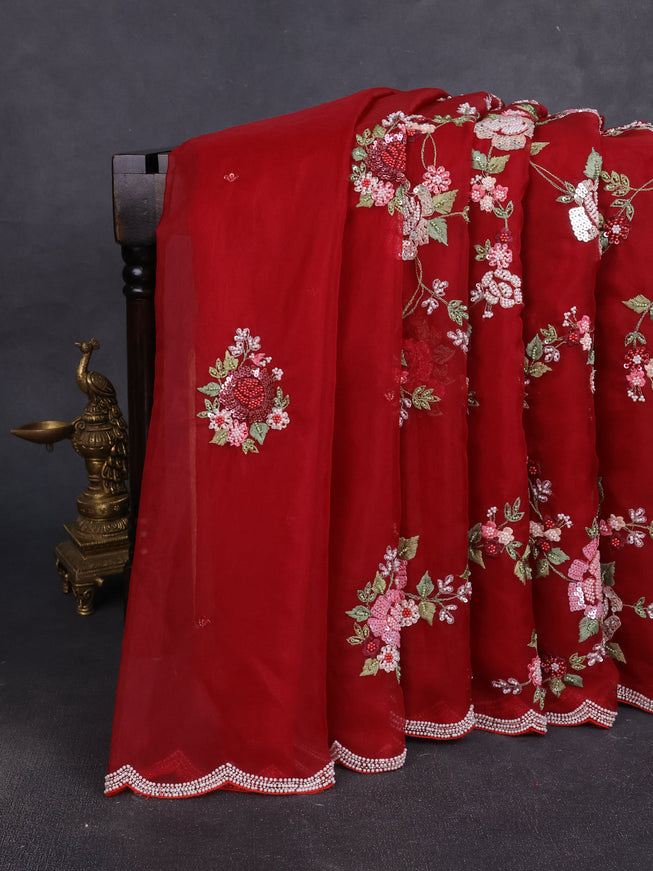 Maroon Organza Embroidery Saree