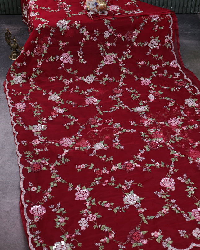 Maroon Organza Embroidery Saree