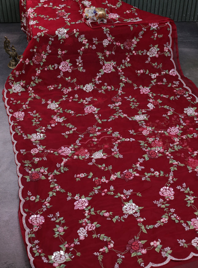 Maroon Organza Embroidery Saree