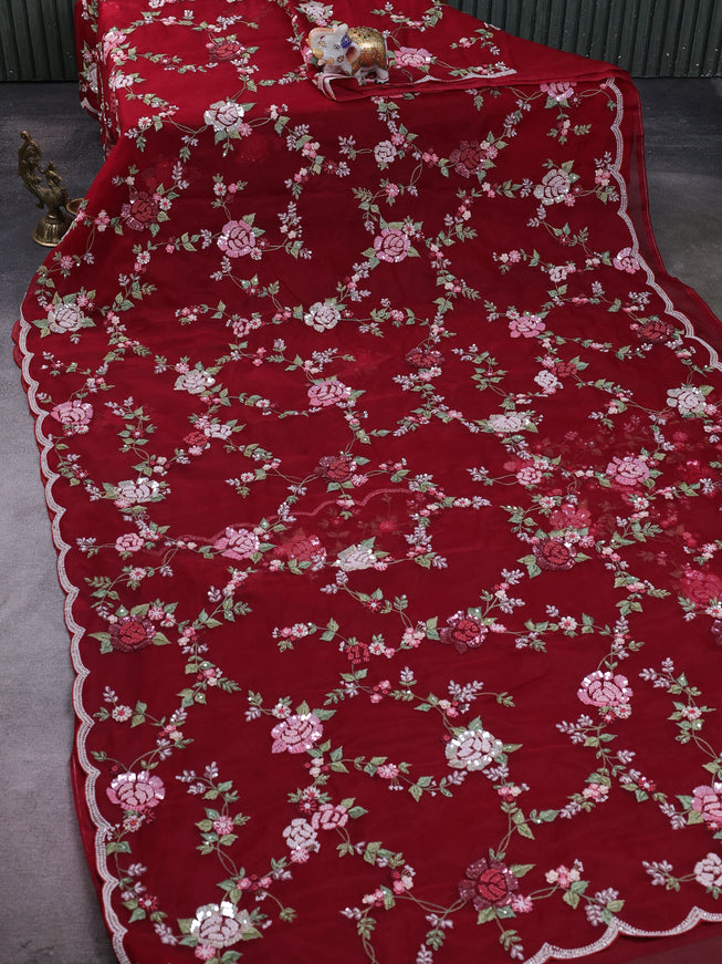 Maroon Organza Embroidery Saree