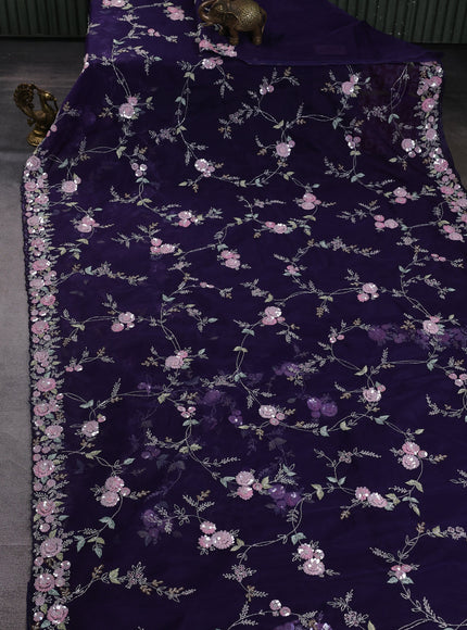 Deep Violet Organza Embroidery Saree