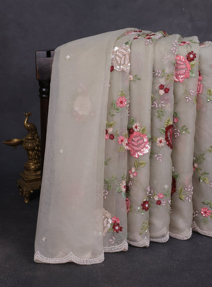 Pastel Grey Organza Embroidery Saree