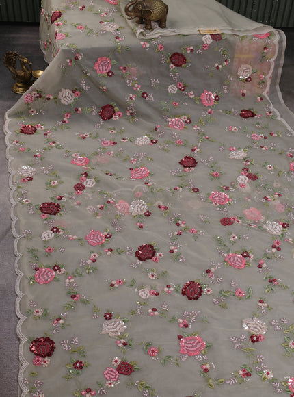 Pastel Grey Organza Embroidery Saree