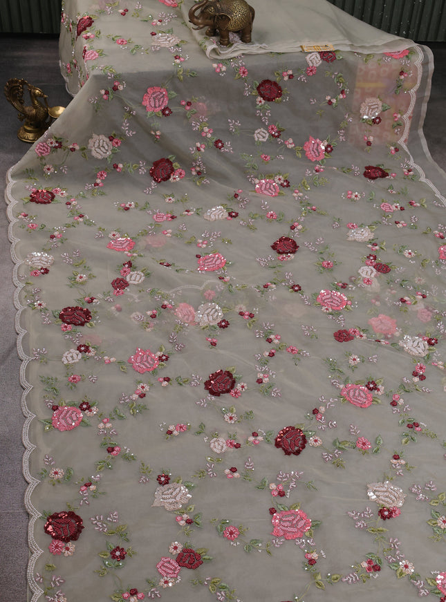 Pastel Grey Organza Embroidery Saree