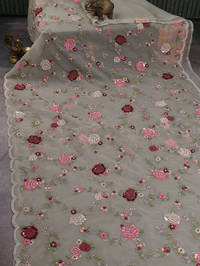 Pastel Grey Organza Embroidery Saree