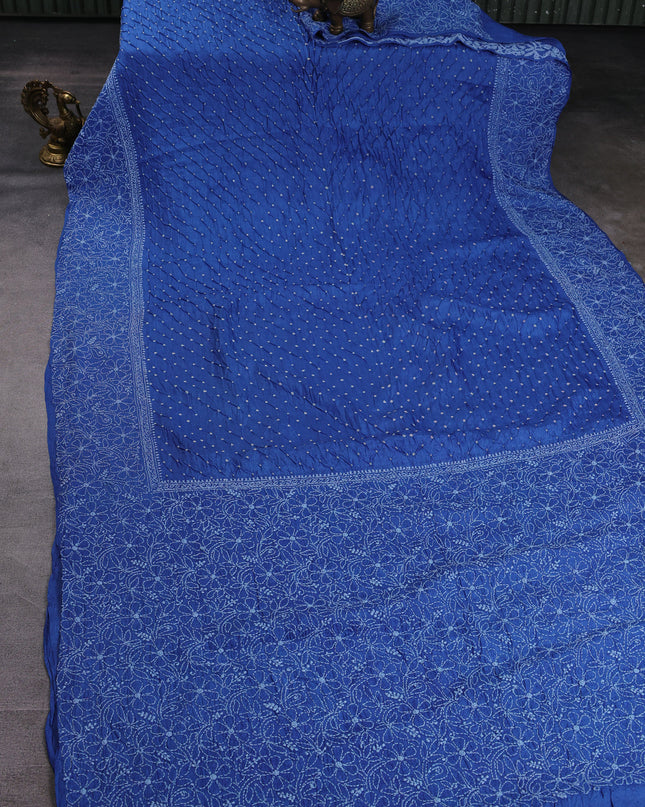 Denim Blue Tussar Bandhani Embroidery Saree