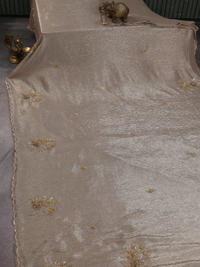 Chikku Shade Lygra Sequin Embroidery Saree