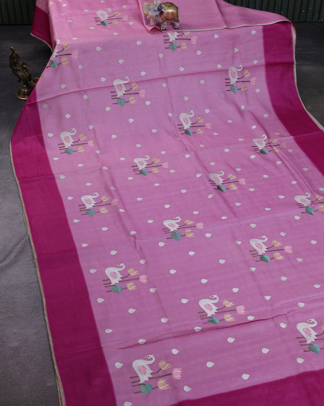 Light Pink -Magenta Pink Tussar Silk Saree
