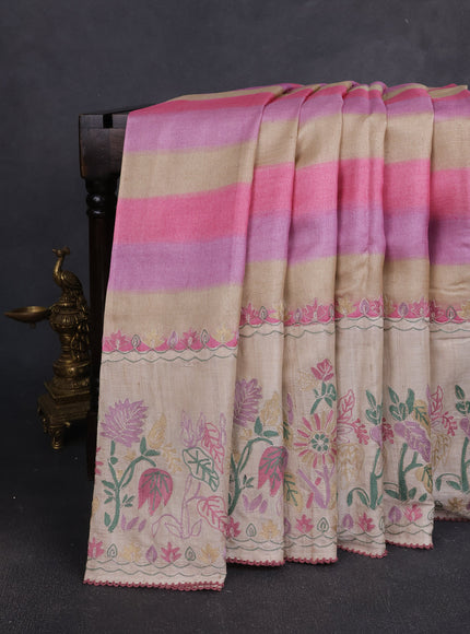Multi Colour - Beige Tussar Embroidery Silk Saree