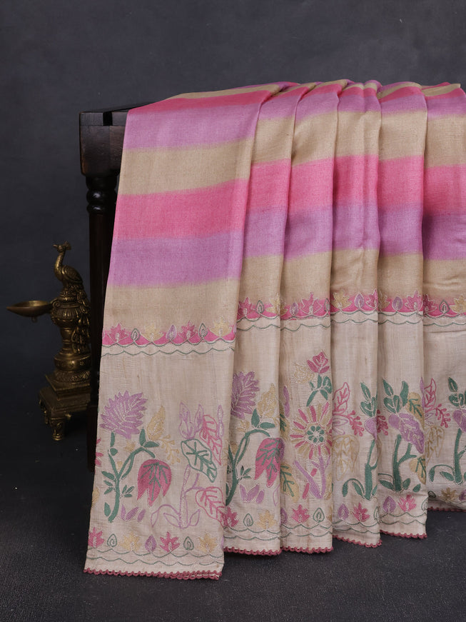 Multi Colour - Beige Tussar Embroidery Silk Saree