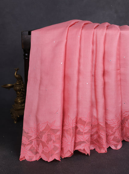 Peach Tussar Embroidery Silk Saree